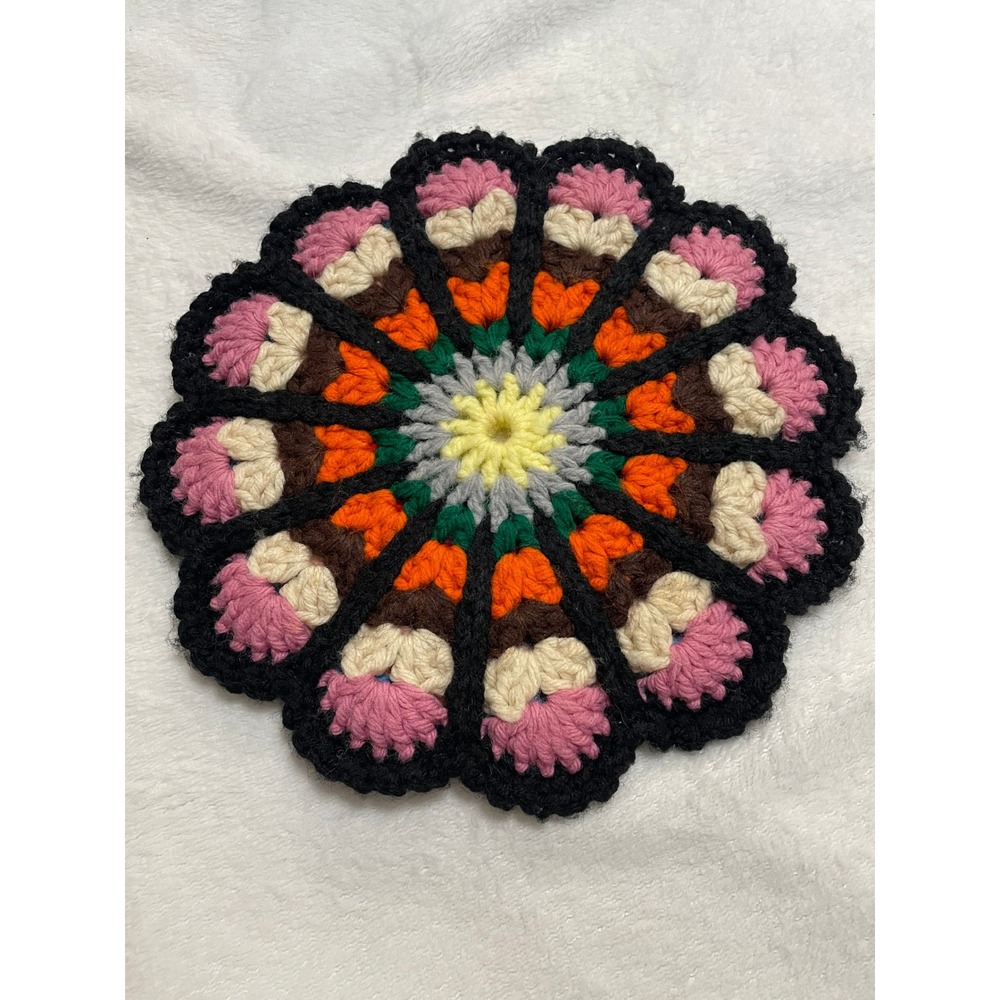 Handmade Reversible Crochet Trivet Pot Holder Flower Boho Round Table Decor - Picture 4 of 5